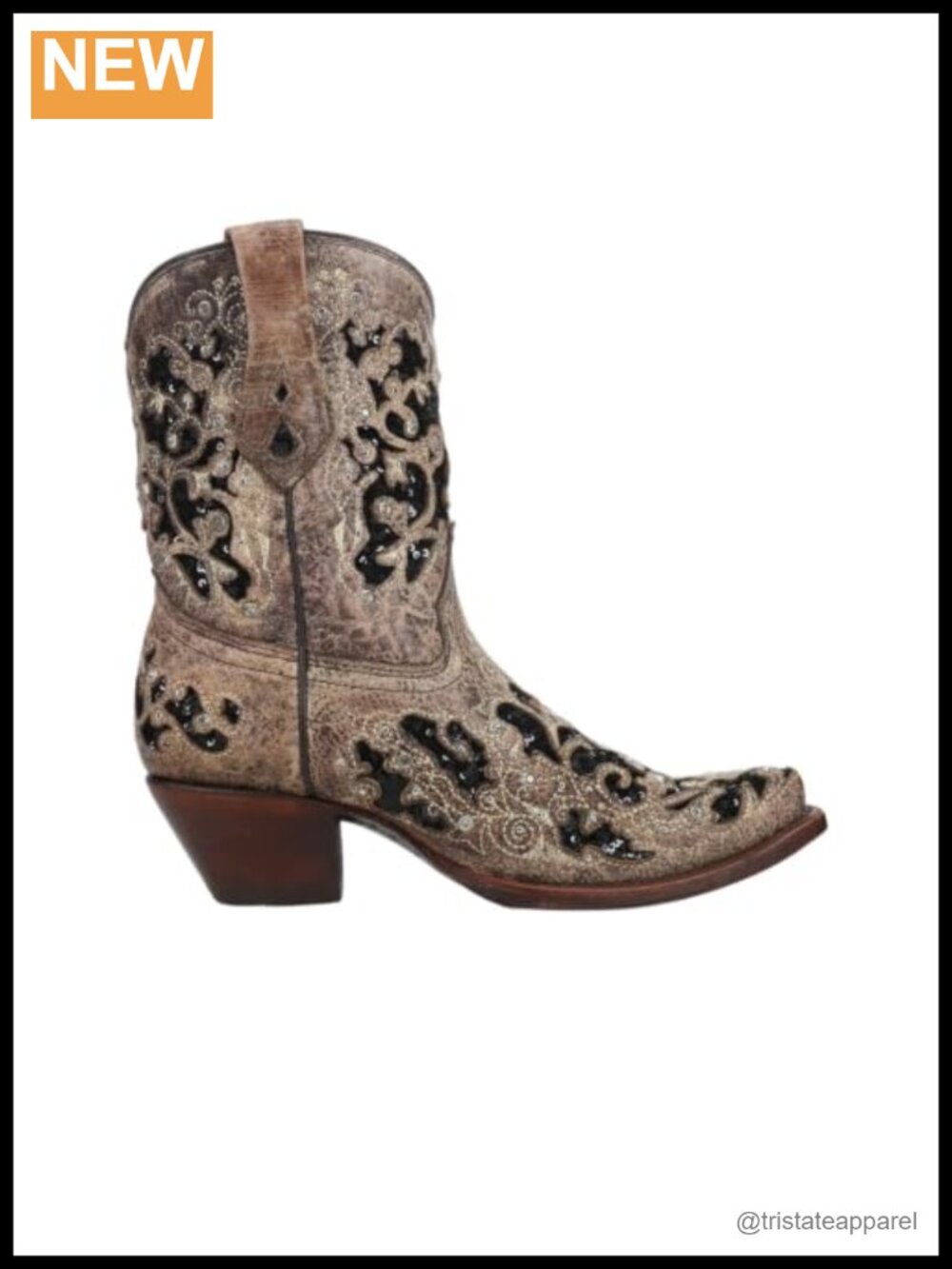 Handcrafted Leather Snip Toe Pull-On Cowboy Ankle Boots with Glitter Inlay &